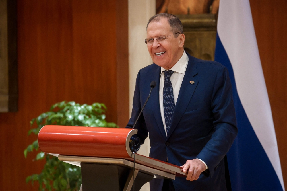Russian Foreign Minister Sergei Lavrov gives a press conference during the G20 foreign ministers' meeting in New Delhi on March 2, 2023. (Russian Foreign Ministry / AFP)