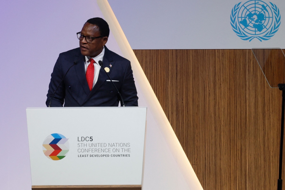 The President of Malawi Lazarus Chakwera speaks during the fifth United Nations Conference on the Least Developed Countries (LDC5)in Doha, on March 5, 2023. 
(Photo by Karim Jaafar / AFP)