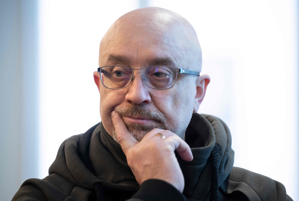 Ukraine's Minister of Defence Oleksiy Reznikov is pictured as he visits the Aleris Rehab Station outside Stockholm, Sweden on March 7, 2023, where Ukrainian soldiers receive rehabilitation. (Photo by Fredrik Sandberg / TT NEWS AGENCY / AFP) 