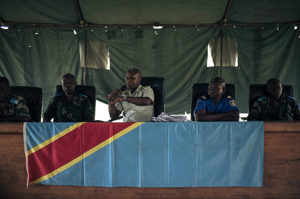 In this file photo taken on February 15, 2023 Military magistrates address the defendants during a court hearing for the murder of former Italian ambassador to the Democratic Republic of Congo Luca Attanasio at the Ndolo military prison in Kinshasa. (Photo by ALEXIS HUGUET / AFP)