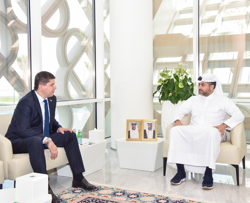 The Chief Executive Officer of Qatar Free Zones Authority  Sheikh Mohammed H. F. Al Thani discusses cooperation with  the Minister of Economic Development and Trade of Tajikistan H E  Zavqizoda Zavq.