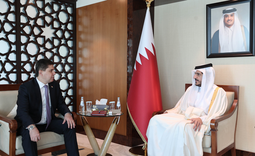 Minister of Commerce and Industry H E Sheikh Mohammed bin Hamad bin Qassim Al Thani meets Minister of Economic Development and Trade of the Republic 
of Tajikistan H E Zavqi Zavqizoda. during the 5th UN Conference on LDC.