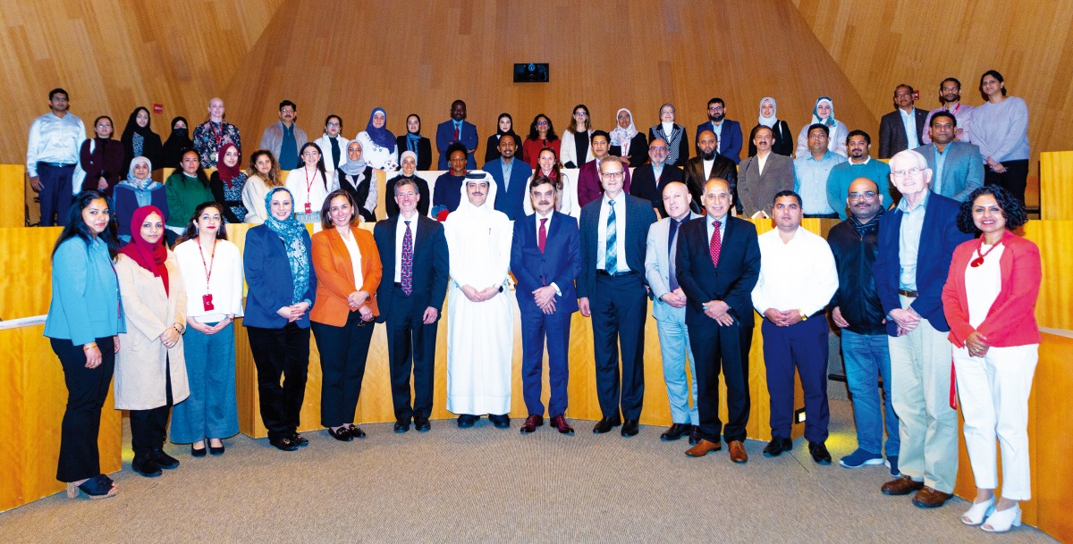 Sheikh Dr. Mohamed bin Hamad Al Thani, Director of Public Health Department, MoPH; Dr. Javaid Sheikh, Dean, WCM-Q; and other experts and officials at ‘Fixing the Broken Promise of Health’ symposium. 