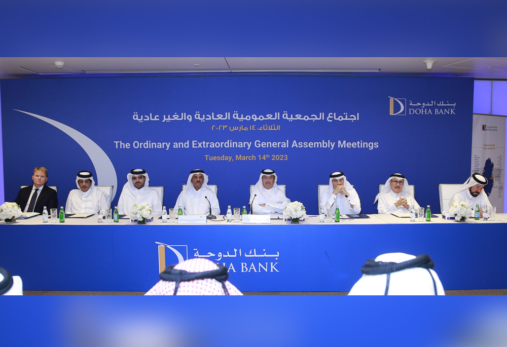 Doha Bank’s Chairman Fahad bin Mohammed bin Jabor Al Thani (centre), Vice Chairman Ahmed Abdul Rahman Yousef Obeidan (fourth right), Board of Directors and officials during the AGM. PIC: RAJAN VADAKKEMURIYIL