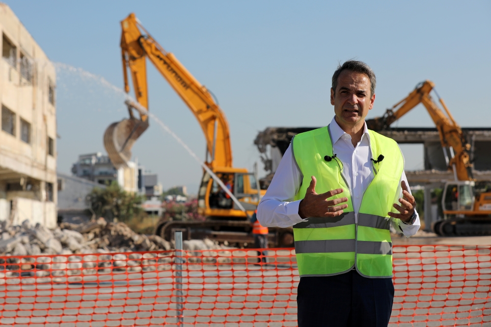 File Photo: Greek Prime Minister Kyriakos Mitsotakis gestures during an inaugural ceremony of works at Greece's biggest property investment at the disused Hellenikon airport, in Athens, Greece, July 3, 2020. (Reuters/Costas Baltas)