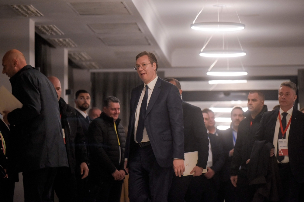 Serbian President Aleksandar Vucic arrives for his speech after meetings as part of Kosovo-Serbia talks, in Ohrid on March 18, 2023.  (Photo by Armend NIMANI / AFP)