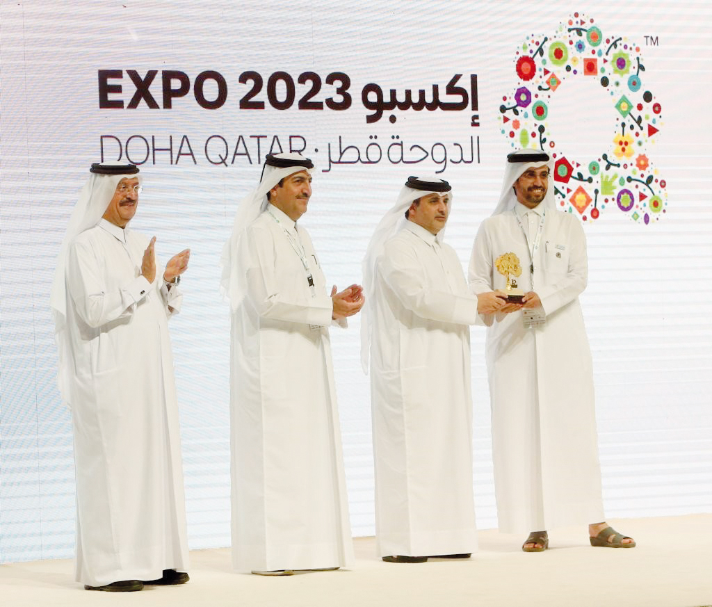 Minister of Municipality H E Dr. Abdullah bin Abdulaziz bin Turki Al Subaie with other officials during the honouring ceremony at AgriteQ 2023, DECC, yesterday.