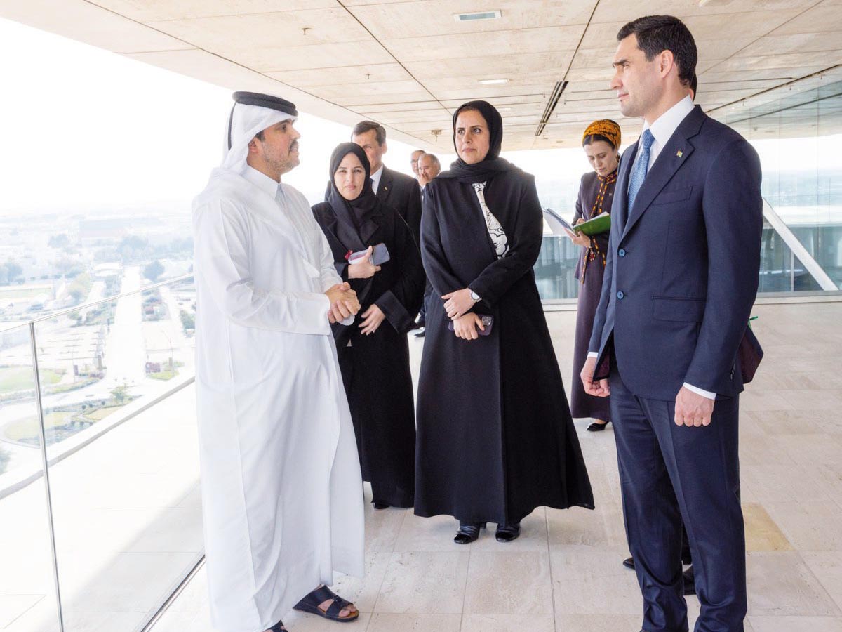 President of Turkmenistan H E Serdar Berdimuhamedow being briefed about Qatar Foundation's work during his visit to the foundation headquarters yesterday. 