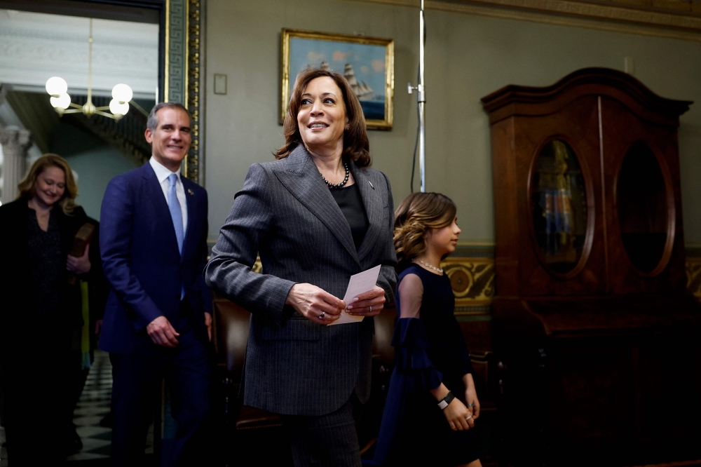 US Vice President Kamala Harris arrives to her ceremonial office for a swearing in ceremony for Eric Garcetti as Ambassador to India at the Eisenhower Executive Office Building on March 24, 2023 in Washington, DC. Garcetti previously served as the mayor of Los Angeles, California from 2013 to 2022. Anna Moneymaker/Getty Images/AFP
