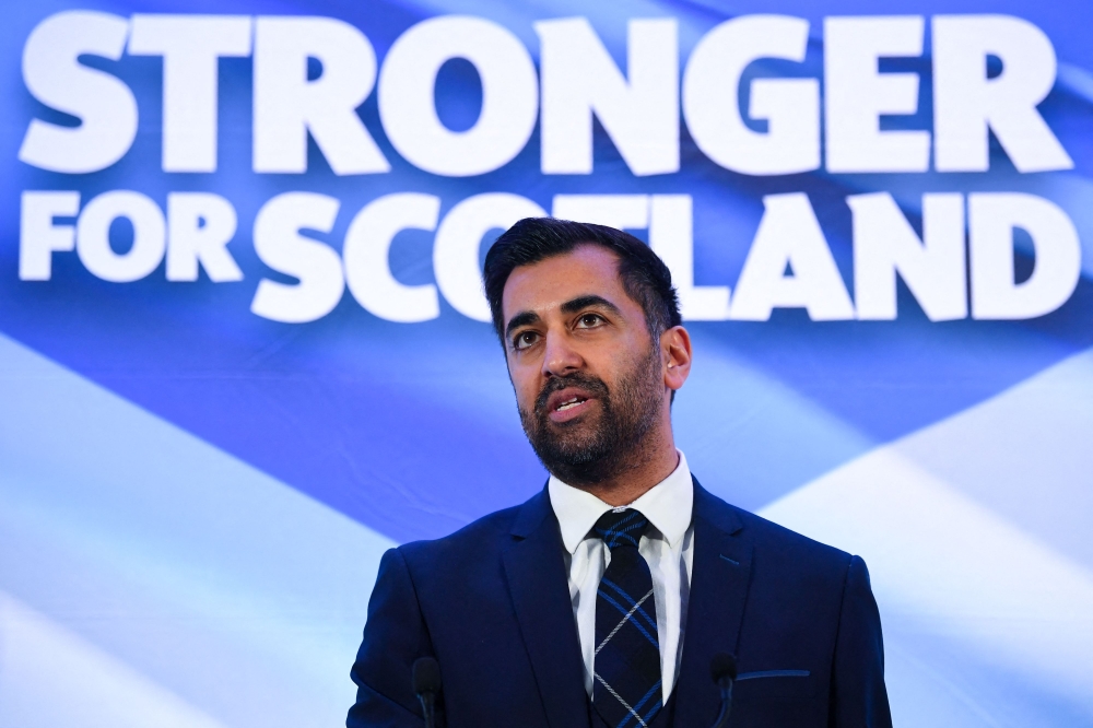 Newly appointed leader of the Scottish National Party (SNP), Humza Yousaf speaks following the SNP Leadership election result announcement at Murrayfield Stadium in Edinburgh on March 27, 2023. 