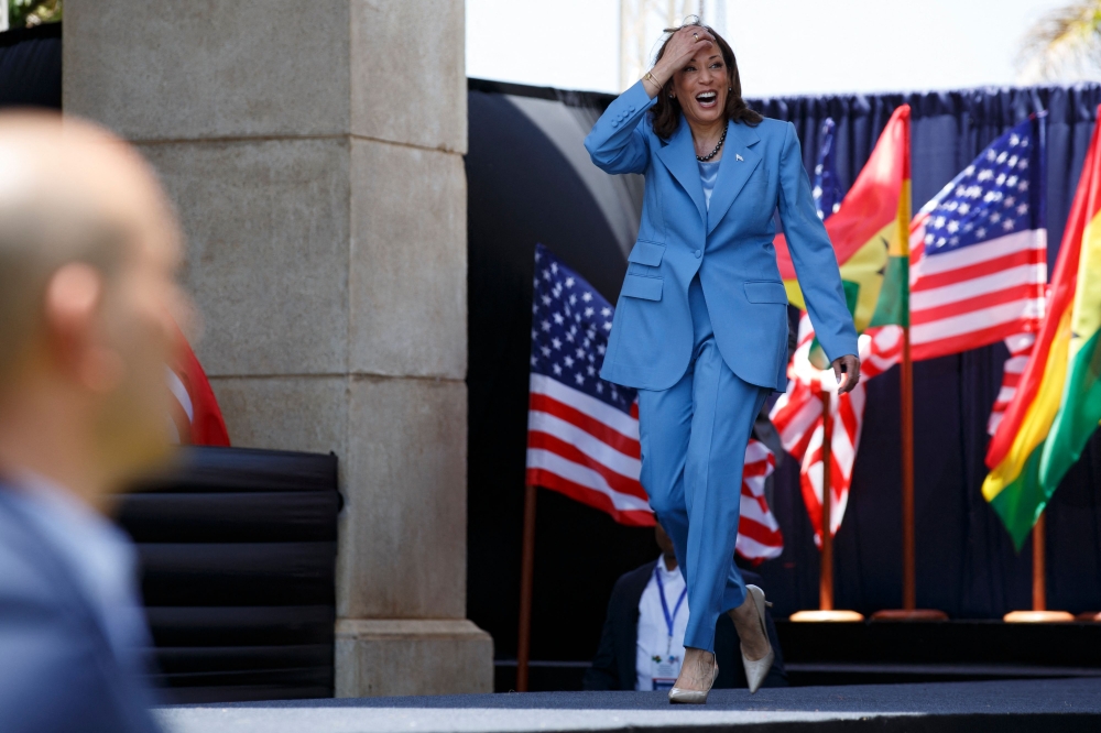 US Vice President Kamala Harris arrives to address youth gathered on Black Star square in Accra, Ghana, on March 28, 2023.  (Photo by Misper Apawu / POOL / AFP)
