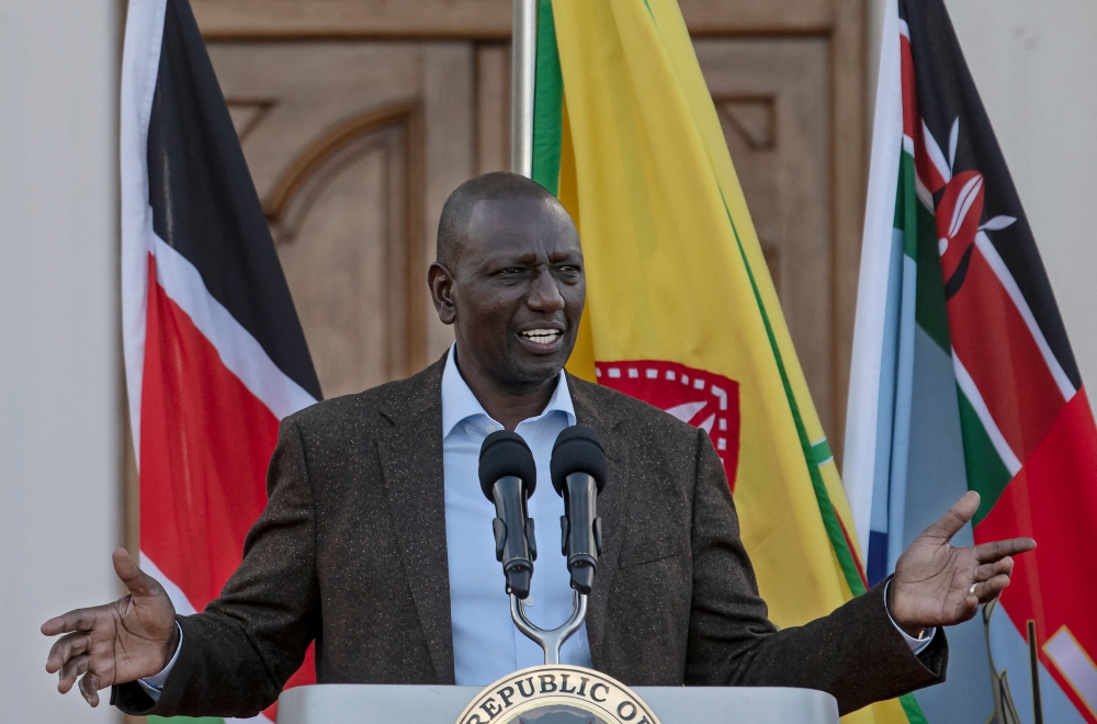 Kenya's President William Ruto speaks during a press conference at State House, in Nairobi, on April 2, 2023, to urge his political rival to call off protests against his government as the opposition vowed to take demonstrators to the street for another day. (Photo by Tony Karumba / AFP)