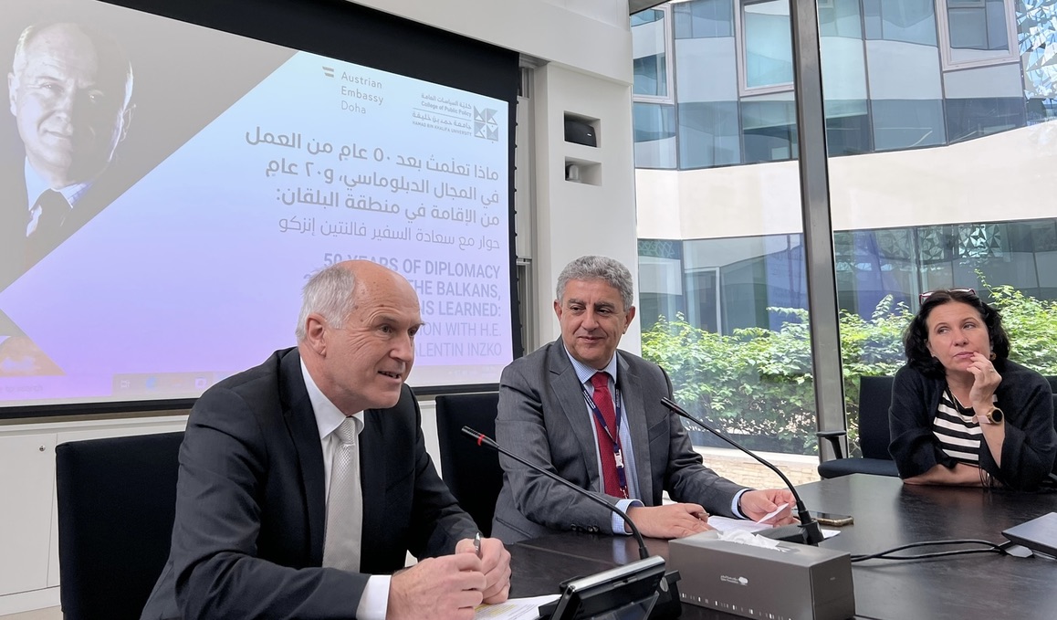 Austrian Diplomat H E Valentin Inzko (left) with Professor Sultan Barakat at HBKU’s College of Public Policy event.
