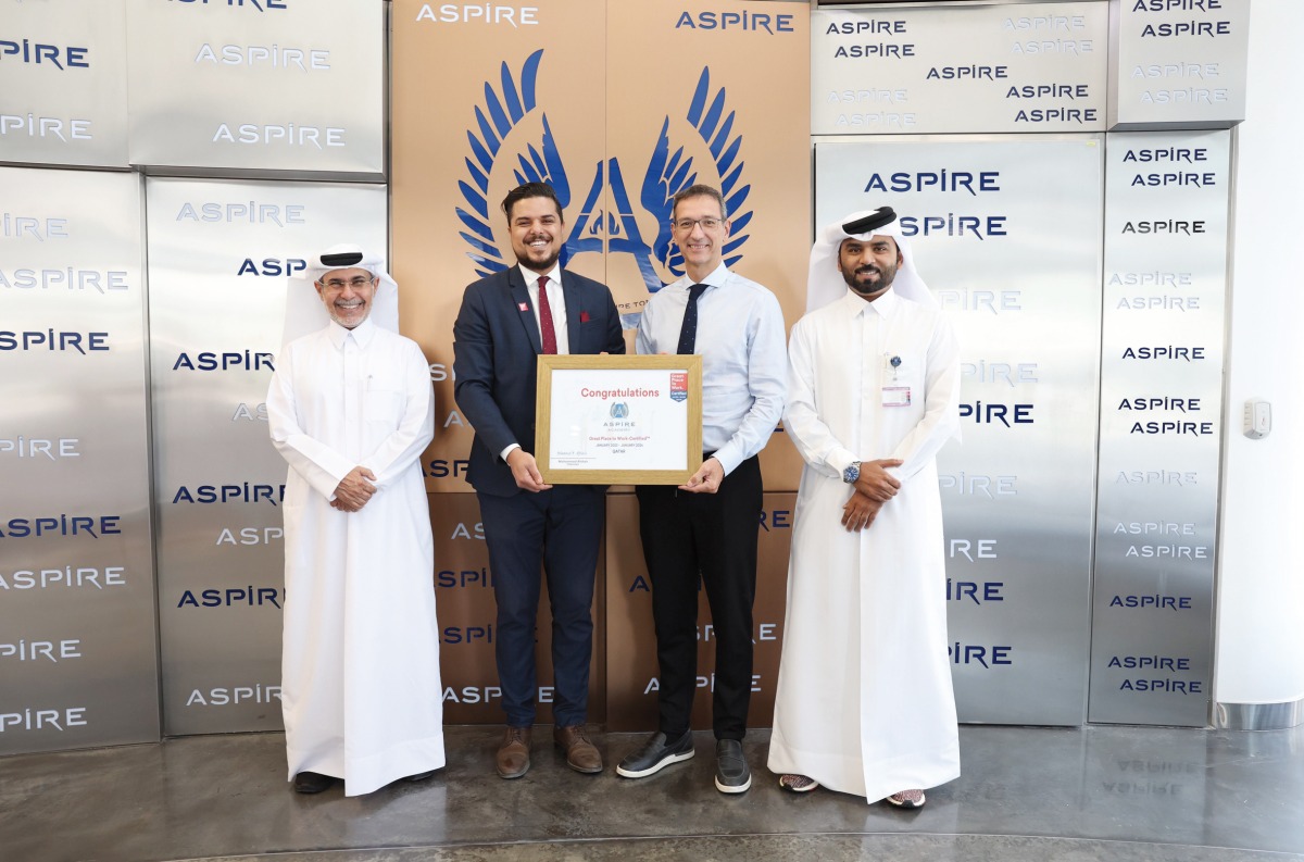 Aspire Academy’s Director-General, Ivan Bravo (second right), receiving the ‘Great Place To Work’ certificate from Great Place To Work Middle East Manager, Zied Meddeb (second left). Deputy Director General, Ali Salem Afifa (left) and Deputy Human Resources Director, Saeed Srour (right), are also seen. 