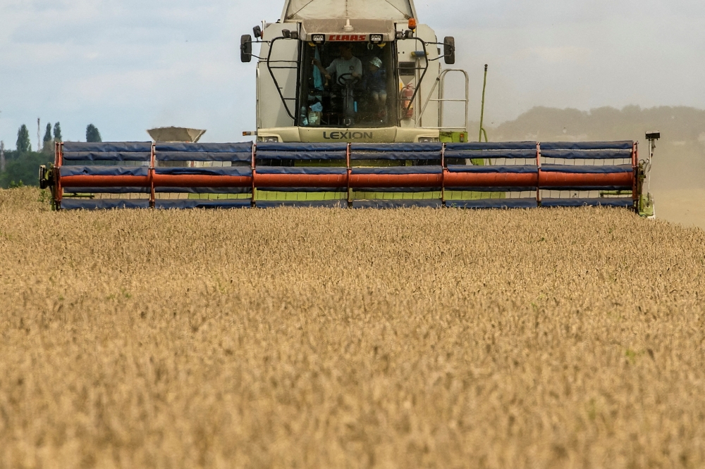 A combine harvests wheat in a field near the village of Zghurivka in Kyiv region, Ukraine August 9, 2022. REUTERS/Viacheslav Musiienko/File Photo

