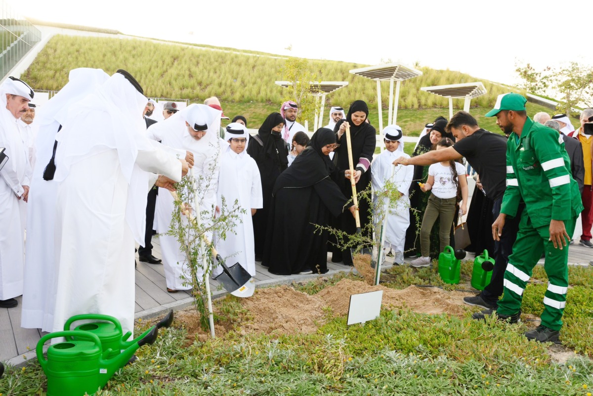 On the sidelines of the Qatari Family Day celebrations Minister of Municipality H E Dr. Abdullah bin Abdulaziz bin Turki Al Subaie and Minister of Social Development and Family H E Maryam bint Ali bin Nasser Al Misnad with other officials and guests planting trees at the Expo 2023 Doha venue which is being developed at Al Bidda Park. The six-month long expo is scheduled to be held from October 2, 2023, to March 28, 2024, with the participation of over 80 countries.