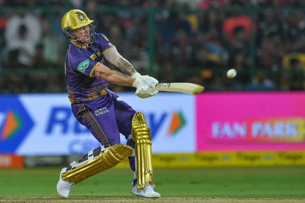 Kolkata Knight Riders' Jason Roy plays a shot during the Indian Premier League (IPL) Twenty20 cricket match between Royal Challengers Bangalore and Kolkata Knight Riders at the M Chinnaswamy Stadium in Bengaluru on April 26, 2023. (Photo by Manjunath KIRAN / AFP)
