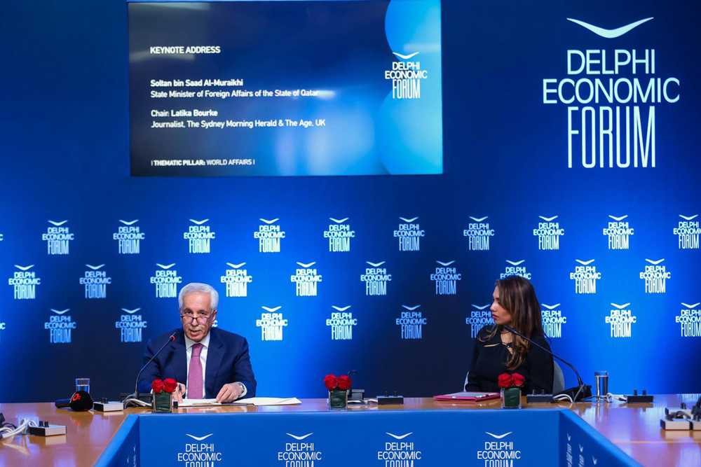 Minister of State for Foreign Affairs H E Sultan bin Saad Al Muraikhi speaking at a session on international affairs during Delphi Economic Forum.