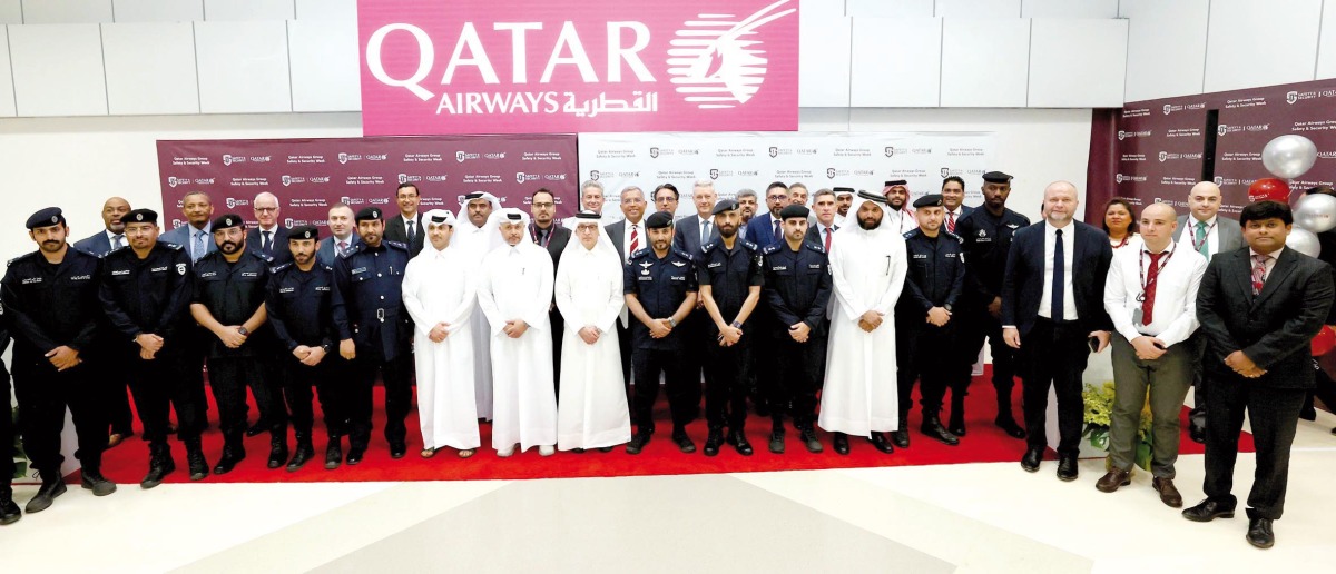 Qatar Airways Group Chief Executive H E Akbar Al Baker poses with other officials and participants during the launch event of Qatar Airways' Safety and Security Week 2023.