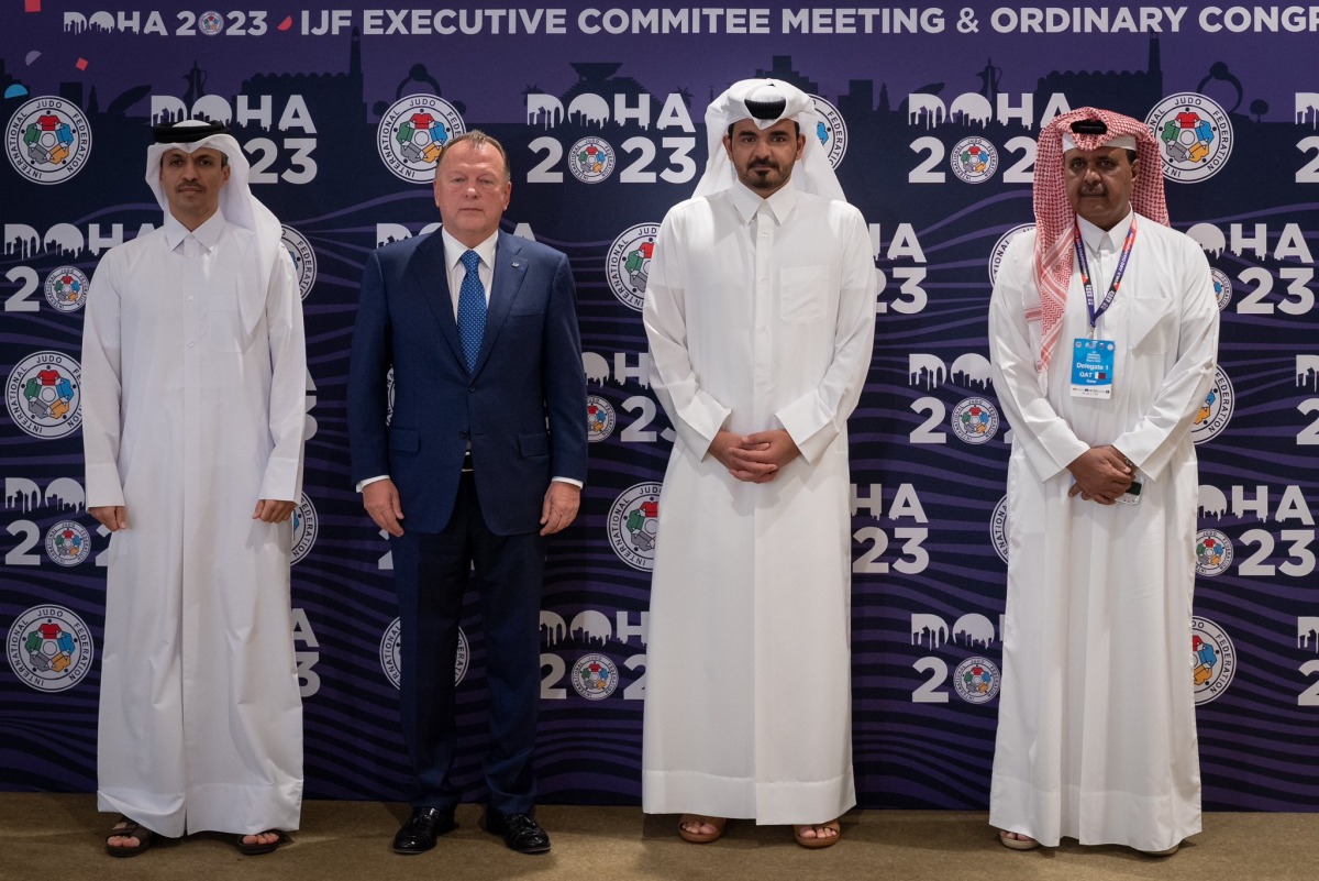 Qatar Olympic Committee (QOC) President HE Sheikh Joaan bin Hamad Al Thani (3rd left) with QOC Secretary-General Jassim Rashid Al Buenain, President of the International Judo Federation (IJF) Marius Vizer, and President of the Qatar Taekwondo, Judo & Karate Federation (QTJKF) Khalid bin Hamad Al Attiyah prior to the IJF Ordinary Congress at the Sheraton Grand Doha Resort & Convention Hotel on May 4, 2023.