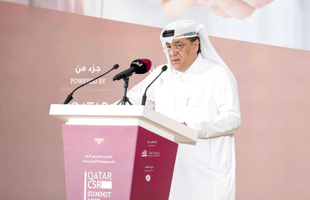 Executive General Manager and Group Chief Business Officer at QNB Group, Yousef Mahmoud Al Neama addressing the Qatar CSR Summit held at Qatar University, yesterday.
