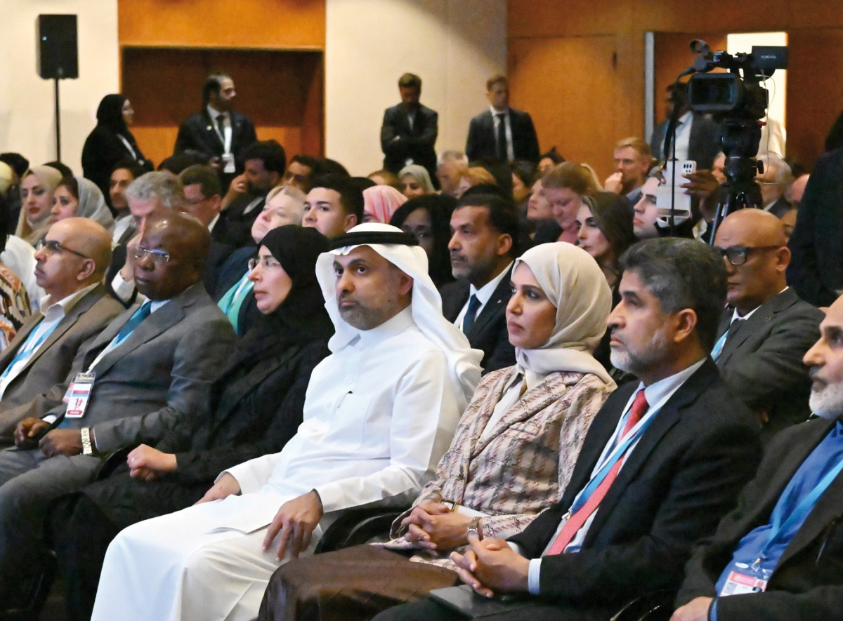 Minister of Public Health H E Dr. Hanan Mohamed Al Kuwari  (fourth right) during the event in Geneva.