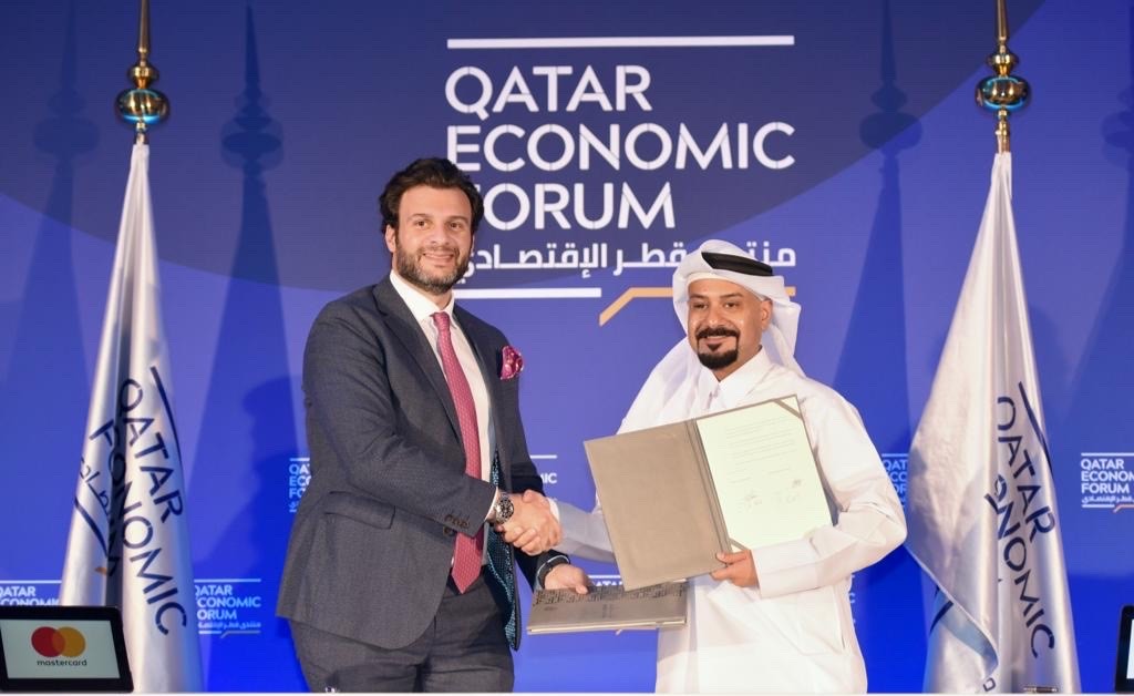 Chief Executive Officer of Qatar Financial Centre (QFC) Yousuf Mohamed Al Jaida and General Manager of MENA East at Mastercard J K Khalil during the MoU signing.
