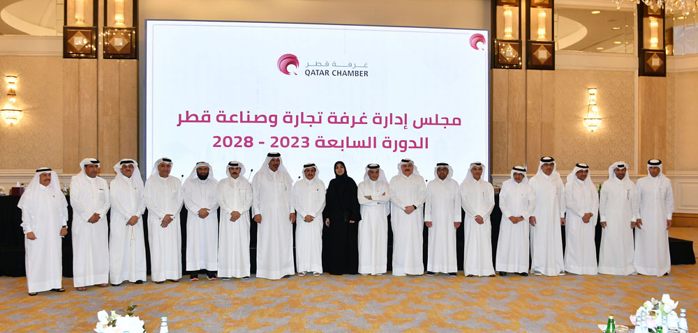 Qatar Chamber Chairman Sheikh Khalifa bin Jassim Al Thani with other officials during the Chamber’s second General Assembly Meeting at the Ritz-Carlton Hotel, yesterday.