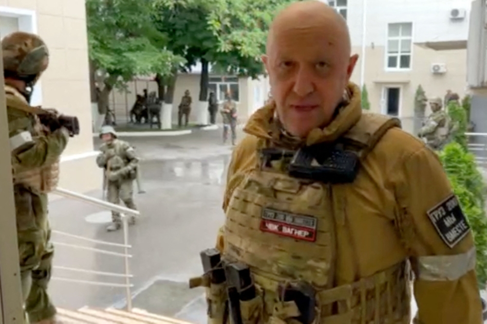 A company linked to the chief of Russian mercenary group Wagner, Yevgeny Prigozhin -- shows Yevgeny Prigozhin speaking inside the headquarters of the Russian southern military district in the city of Rostov-on-Don. 