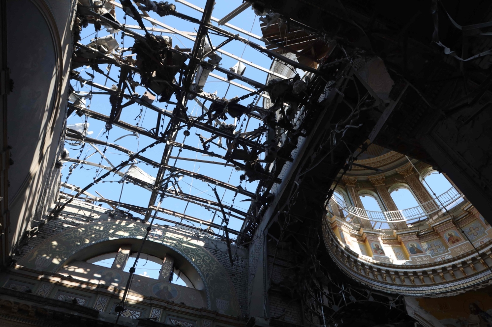 This photograph taken on July 23, 2023, shows the destruction of the Transfiguration Cathedral as a result of a missile strike in Odesa. (Photo by Oleksandr Gimanov / AFP)