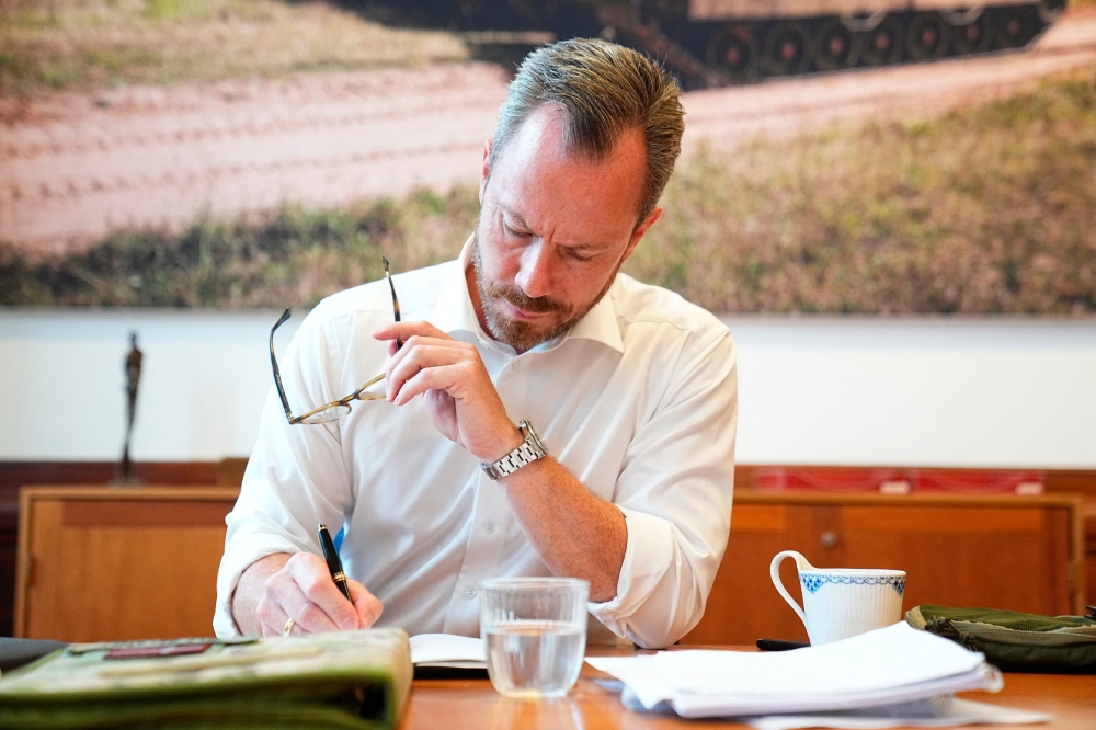 Danish Defence Minister and chairman of Denmark's Liberal Venstre Party Jakob Ellemann-Jensen sits in his office in the Ministry of Defense in Copenhagen, Denmark, on August 1, 2023. Photo by Mads Claus Rasmussen / Ritzau Scanpix / AFP