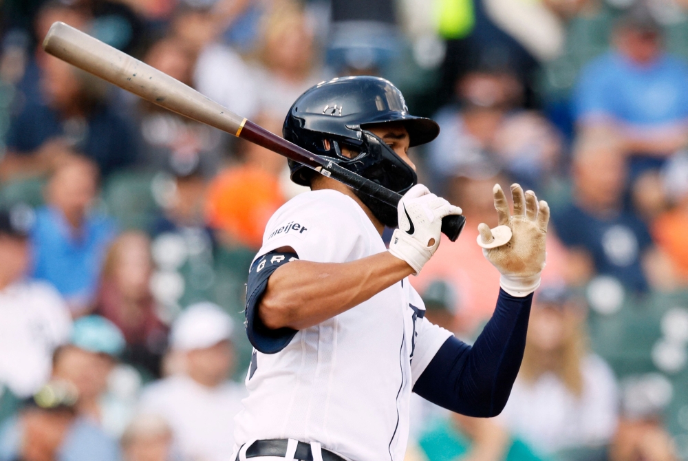 Riley Greene #31 of the Detroit Tigers hits a double against the Minnesota Twins during the first inning at Comerica Park on August 8, 2023 in Detroit, Michigan. P (Photo by Duane Burleson / GETTY IMAGES NORTH AMERICA / Getty Images via AFP)
