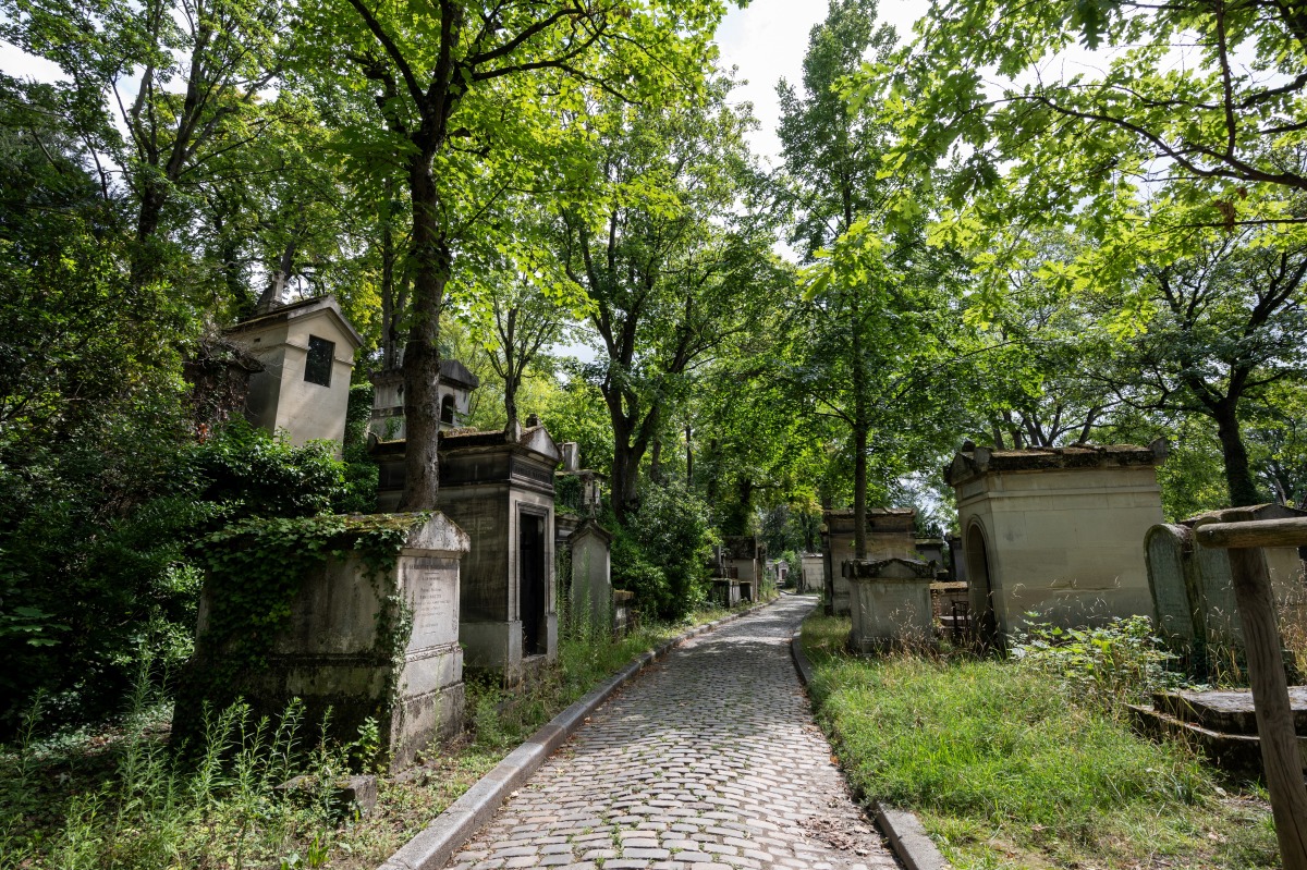 Weeds are seen growing uncut around the tombs at the Pere Lachaise cemetery in Paris, on August 8, 2023. (Photo by Bertrand Guay / AFP)