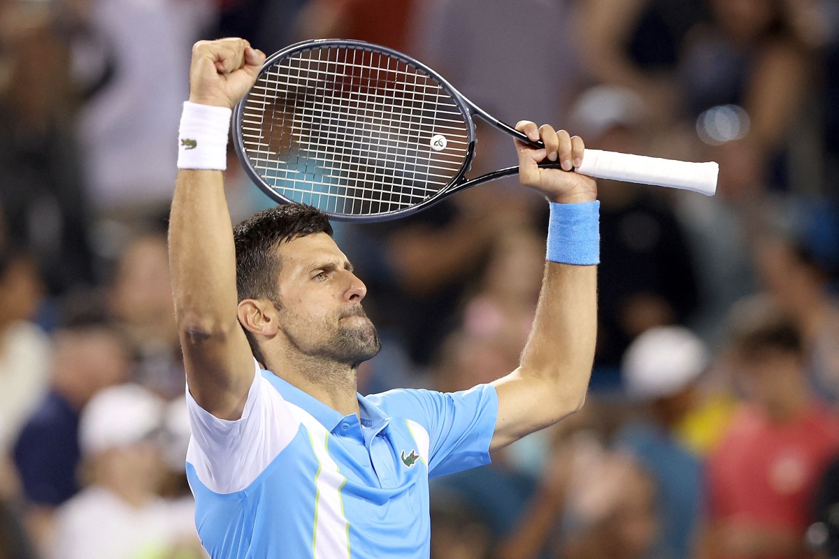 Novak Djokovic of Serbia celebrates his win against Taylor Fritz during the quarterfinals of the Western & Southern Open at Lindner Family Tennis Center on August 18, 2023 in Mason, Ohio  (Photo by MATTHEW STOCKMAN / GETTY IMAGES NORTH AMERICA / Getty Images via AFP)