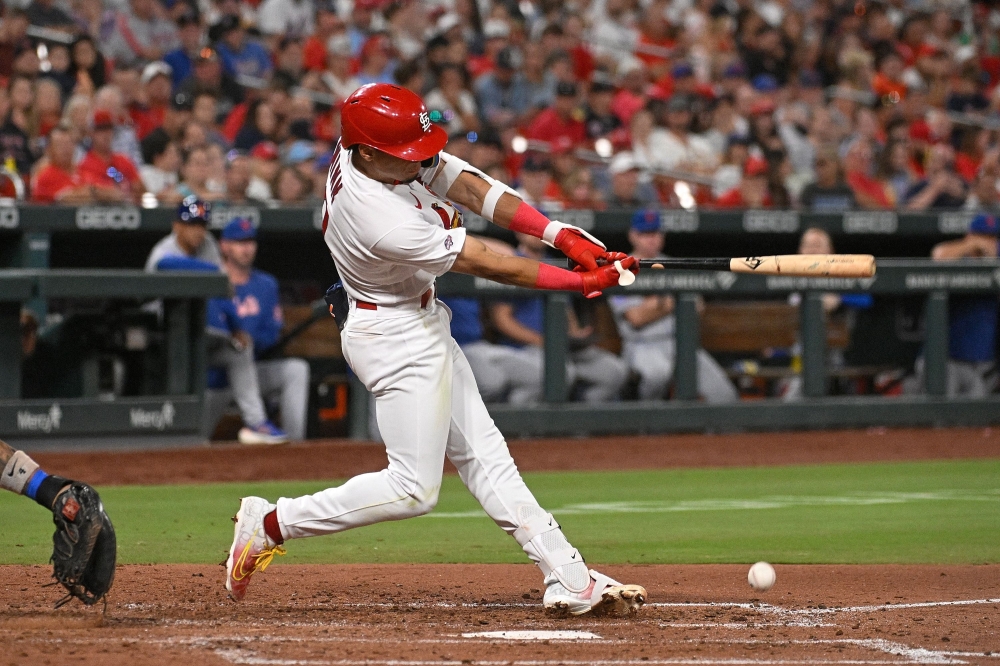 Masyn Winn #0 of the St. Louis Cardinals hits a single for his first MLB hit against the New York Mets in the fifth inning at Busch Stadium on August 18, 2023 in St Louis, Missouri. (Photo by Joe Puetz / GETTY IMAGES NORTH AMERICA / Getty Images via AFP)
