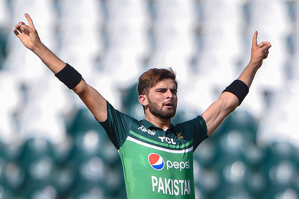 Pakistan's Shaheen Shah Afridi celebrates after taking the wicket of Bangladesh's Litton Das (not pictured) during the Asia Cup 2023 one-day international (ODI) cricket match on September 6, 2023. (Photo by Asif Hassan / AFP)