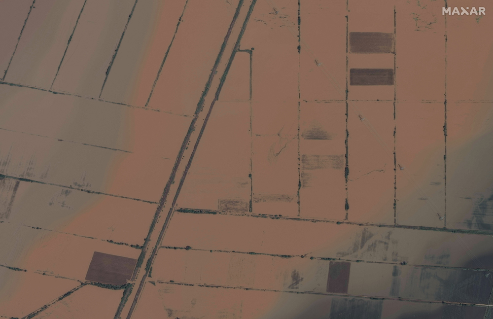 This handout satellite image taken and released by Maxar Technologies on September 9, 2023, shows an overview of flooded fields and farms, east of the Greek city of Proastio. Photo by Handout / Satellite image ©2023 Maxar Technologies / AFP