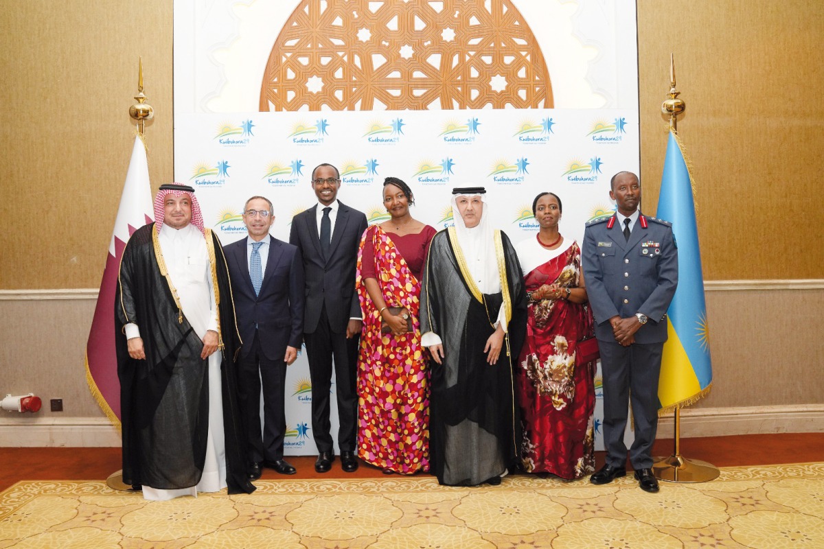 Minister of Communications and Information Technology H E Mohammed bin Ali Al Mannai (third right); Ambassador of Rwanda to Qatar H E Igor Marara (third left); Ambassador of Egypt to Qatar, 
H E Amr ElSherbini (second left) and Director of Protocol at the Ministry of Foreign Affairs H E Ambassador Ibrahim Yousif Abdullah Fahkro (first left) and other dignitaries during the event.