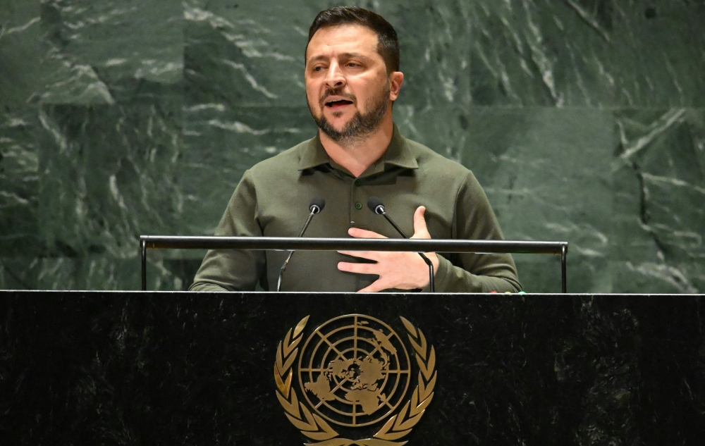 Ukrainian President Volodymyr Zelensky addresses the 78th United Nations General Assembly at UN headquarters in New York City on September 19, 2023. (Photo by Timothy A. Clary / AFP)