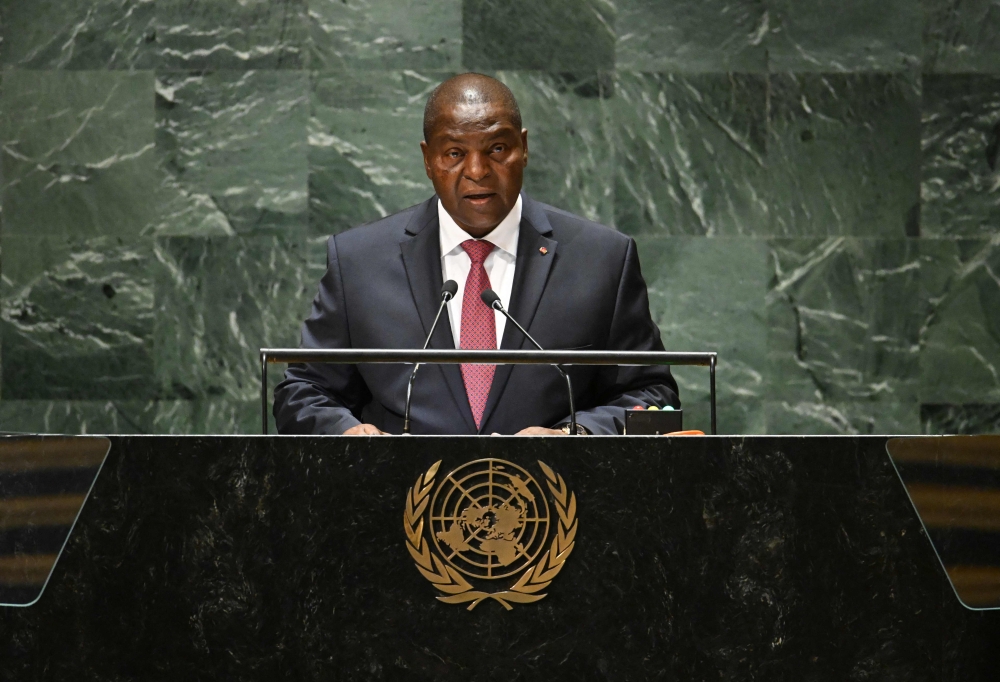 Central African Republic President Faustin-Archange Touadera addresses the 78th United Nations General Assembly at UN headquarters in New York City on September 21, 2023. (Photo by Timothy A. Clary / AFP)