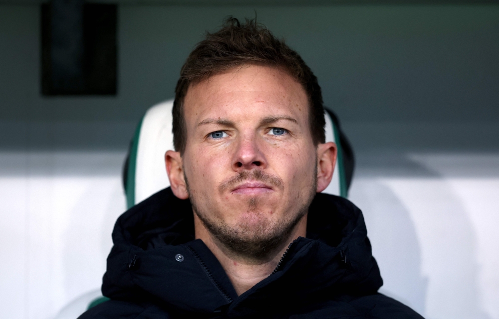 (FILES) Bayern Munich's German head coach Julian Nagelsmann looks on prior to the German first division Bundesliga football match between VfL Wolfsburg and FC Bayern Munich in Wolfsburg, Germany on February 5, 2023. (Photo by Ronny Hartmann / AFP) 