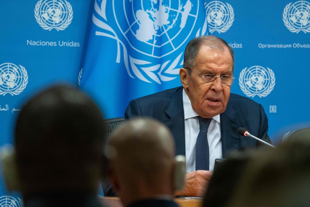 Russian Foreign Minister Sergey Lavrov holds a press conference during the United Nations General Assembly (UNGA) at the United Nations headquarters on September 23, 2023 in New York City. David Dee Delgado/AFP 