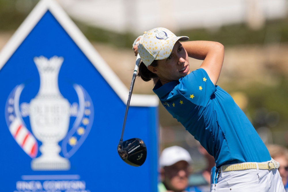 Team Europe's Spanish golfer Carlota Ciganda takes her tee shot on the third day of the 2023 Solheim Cup biennial team golf competition at Finca Cortesin golf club in Casares, on September 24, 2023. (Photo by JORGE GUERRERO / AFP)
