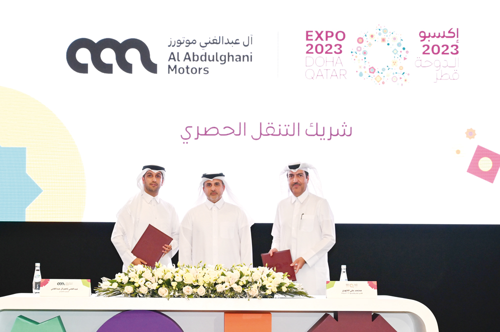 Minister of Municipality and Chairman of the Expo 2023 Committee H E Dr. Abdullah bin Abdulaziz bin Turki Al Subaie, Mohammed Al Khouri, Secretary General of Expo 2023 Doha, and Abdulghani Nasser Al Abdulghani, CEO of Al Abdulghani Motors.
