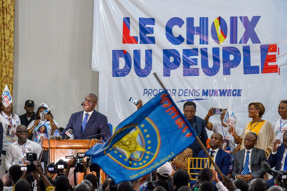 Denis Mukwege addresses supporters in Kinshasa, on October 2, 2023. (Photo by Arsene Mpiana / AFP)