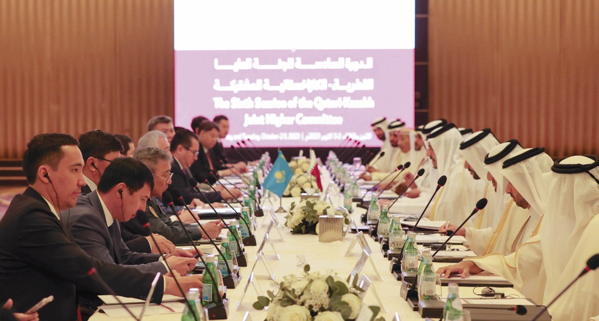 Minister of Commerce and Industry H E Sheikh Mohammed bin Hamad bin Qassim Al Thani and Deputy Prime Minister of the Republic of Kazakhstan H E Serik Zhumangarin along with other dignitaries during the Qatari-Kazakh Joint Higher Committee meeting.
