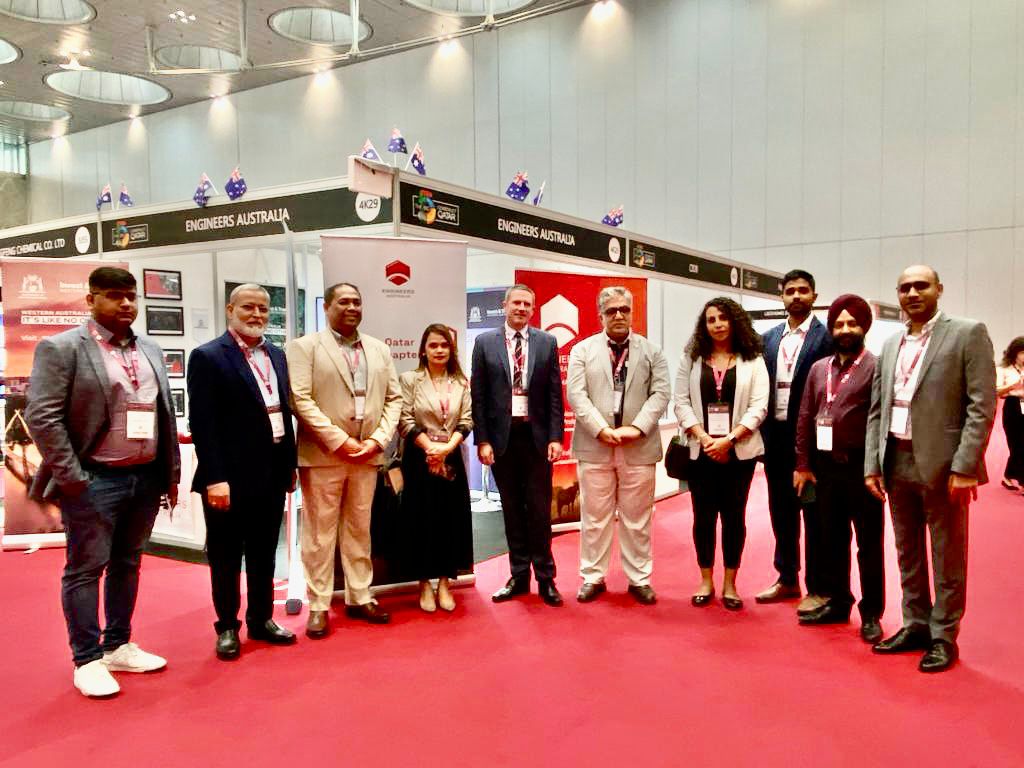 Australian Ambassador to Qatar H E Shane Flanagan and Azza Basha with the officials of Engineers Australia Pavilion at the Big 5 Index Exhibition.