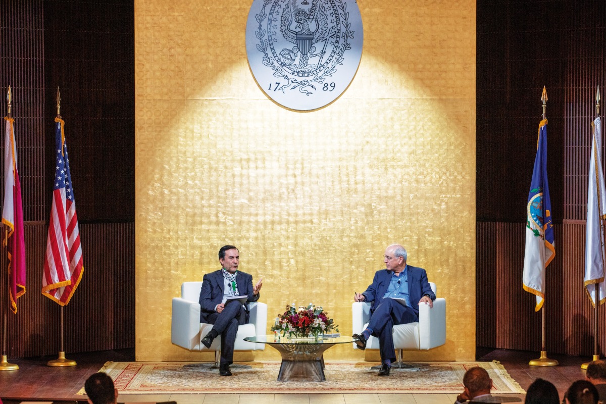 Professor Emeritus of Law at Western University in Canada and the former UN Human Rights Council Special Rapporteur for the Occupied Palestinian Territories Michael Lynk (right) and Professor in Residence at Northwestern Qatar Khaled Al Hroub during the event.