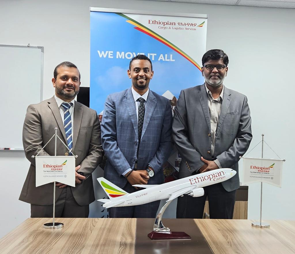 Country Manager Ethiopian Airlines - Qatar Surafel Saketa Geleta (centre) with Ever Brite Aviation officials during the agreement signing ceremony.