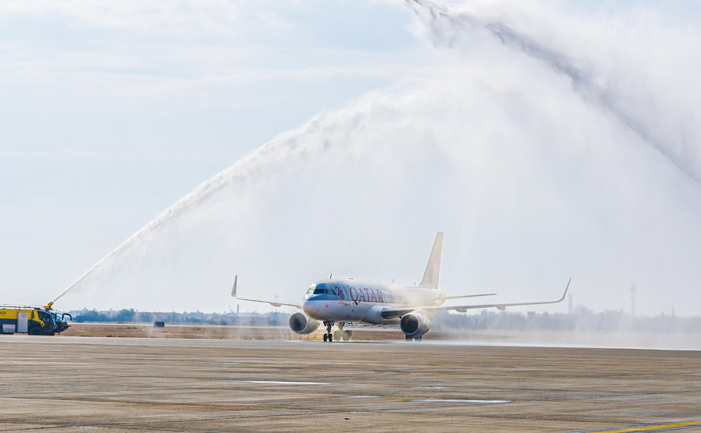 The Qatar Airways flight is welcomed on its arrival in Yanbu yesterday.